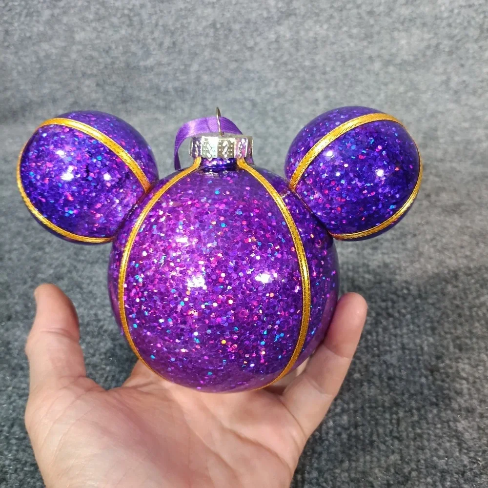 Disney Mickey Mouse Icon Christmas Ornament Glass Ball Purple Glitter Gold Trim